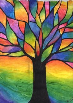 a painting of a tree with rainbow colors