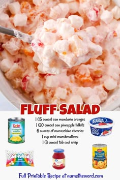 an advertisement for fluff salad with the words fluff salad on it and other ingredients