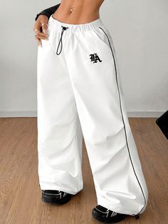 Women's  Fall/Winter  Streetwear  Banded Texture Decoration  Sport Parachute Pants,Back To School Outfits,White Sweatpants White Casual   Woven Fabric Colorblock,Letter,Striped Cargo Pants,Parachute Non-Stretch  Women Clothing, size features are:Bust: ,Length: ,Sleeve Length: Striped Cargo Pants, White Sweatpants, White Windbreaker, Winter Streetwear, Colorful Logo, Casual Sweatpants, Jersey Pants, Women Pants, Men Shirt Style