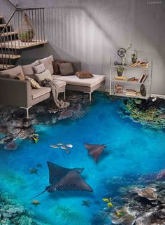 a living room with an underwater scene painted on the floor