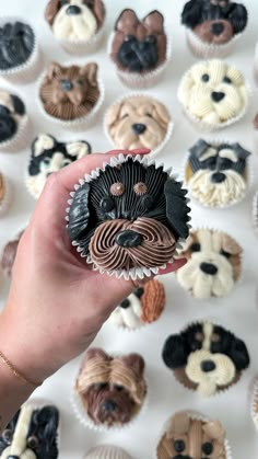 a person holding up a cupcake in front of a bunch of dogs on it