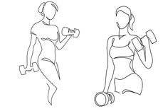 two women in swimsuits, one with dumbbells and the other without