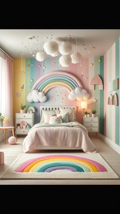 a bedroom decorated in pastel colors with rainbows and clouds