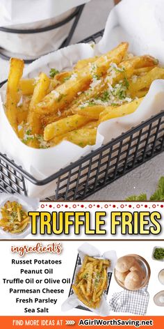 an advertisement for a restaurant called truffle fries, featuring french fries in baskets