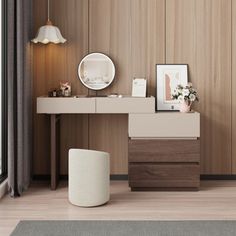 a modern dressing table with stool and mirror in a room that has wood paneling on the walls