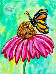 an acrylic painting of a butterfly sitting on a pink flower with green background