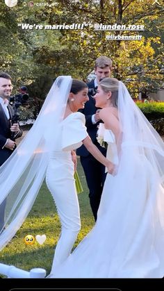 the bride and groom are laughing together in front of their wedding party, with an instagram about them