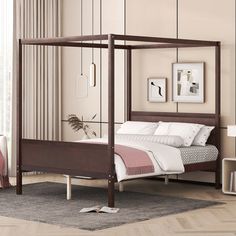 a canopy bed in a bedroom with beige walls