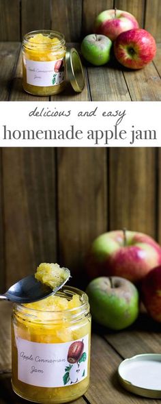 an apple jam in a glass jar with a spoon