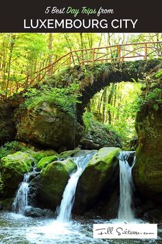 a small waterfall in the middle of a forest with text overlay that reads 5 best day trips from luxembourg city