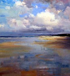 an oil painting of the ocean with clouds in the sky and water on the ground