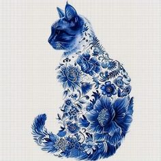 a blue and white cat with flowers on it