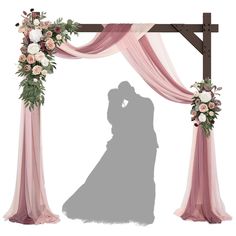 a silhouette of a couple kissing under a wedding arch with pink drapes and flowers