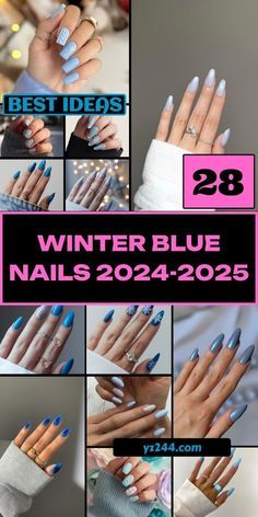 2025 Nails Trend, 2025 Nail Colors, Nail Dipping Powder Designs Winter, Blue Winter Gel Nails, Blue Winter Nails Almond, Winter Blue Nails Acrylic, Winter Blue Nail Designs, Winter Dip Powder Nails, Light Blue Winter Nails