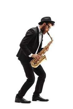 a man in a tuxedo and hat playing a saxophone against a white background