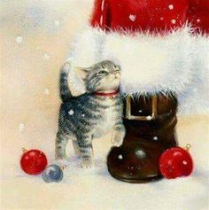 a painting of a cat standing next to a boot with christmas decorations around it and wearing a santa hat