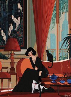 a woman sitting on top of a red couch next to a cat and bird statue