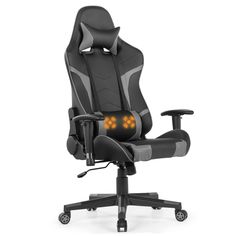 a gaming chair with an orange light on the back and black seat, in front of a white background