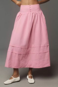 Maeve Button-Waist Midi Skirt | Anthropologie A Line Midi Skirt With Pockets, Casual Feminine Skirt, Petite A Line Skirt, A Line Midi Skirt Winter, Woman Midi Skirt, Petite A Line Skirts, Spring Non-stretch Buttoned Skirt, High Waist Gathered Skirt For Daywear, Fitted Maxi Skirt With Buttons