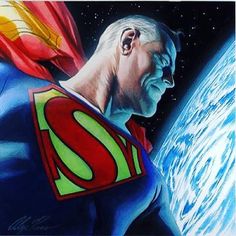 a painting of a superman standing in front of the earth