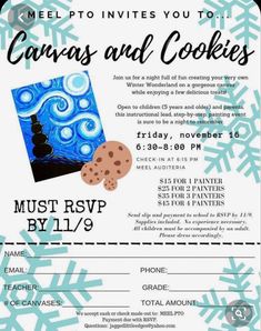 a flyer for an art event with snowflakes and cookies