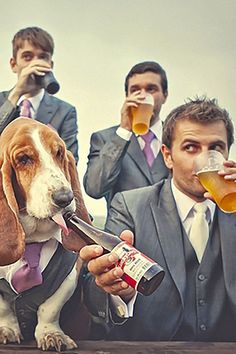 a dog in a suit drinking from a beer bottle while two men stand behind him