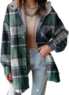 PRICES MAY VARY. [Material]-the womens shacket jacket made with high quality polyester.The flannel fabric is soft, wear-resistant, and has good warmth retention.Soft to the touch and comfortable to wear. [Feature]new plaid print,chest flap pocket,single button on cuff,oversized fit,drop shoulder,high quality flannel, loose style with a chic look.Womens fashion shacket [Shackets for women ]-so versatile is our flannel button down pocket top that can be worn open as a jacket or closed as a shirt!L Work Streetwear, Womens Flannel, Jeans Vest, Flannel Shacket, Womens Jackets Casual, Flannel Women, Shirt Jackets, Long Sleeves Coats, Boyfriend Style