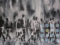 an abstract painting of people walking in the rain