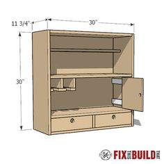 a drawing of a cabinet with drawers and shelves on it's sides, showing the measurements