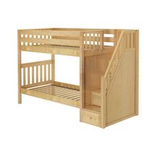 a wooden bunk bed with stairs next to it