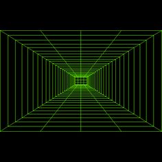 an empty room with lines going through the center and green light coming from the ceiling