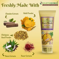 Introducing Earthgenix Ubtan Face Wash enriched with Haldi, Chandan, Neem, Kesar and Chickpea Flour. Ubtan is loaded with antifungal and antibacterial properties, which is why it is considered the most effective way to defeat acne and pimple marks. Haldi Powder, Clear Glowing Skin, Pimple Marks, Chickpea Flour, Cosmetic Design, Information Design, Vitamin B5, Face Wash, Clear Skin