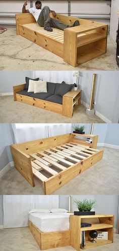 the bed frame is made out of wood