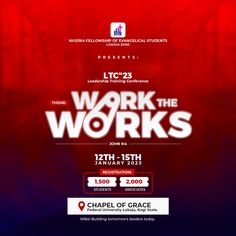 the poster for work the works, which is on display in front of a red background