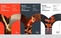 three different brochures designed to look like art