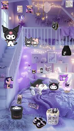 a bed room with purple walls and lots of decorations