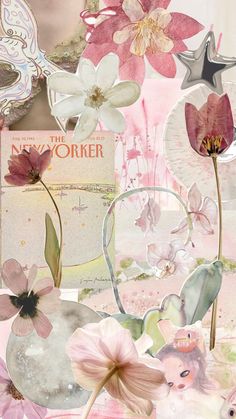 a collage of flowers and other things in pink, green, white and grey