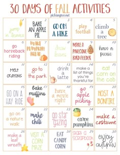 the 30 days of fall activities for kids to do with each other, including pumpkins and