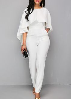 V Back Zipper Closure White Cloak Jumpsuit | modlily.com - USD $34.85 White Jumpsuits, Wedding Pants, Pants Elegant, Afrikaanse Mode, White Bodycon, Bodycon Jumpsuit