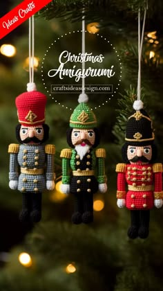 crocheted nutcracker ornaments hanging from a christmas tree