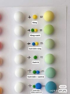 an assortment of different colored balls on a white surface with words written in chinese and english