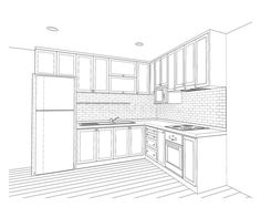 an outline drawing of a kitchen