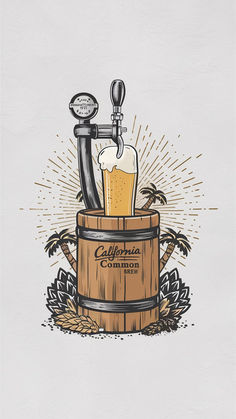 a drawing of a beer keg with a tapper and glass in it's top