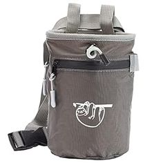 a gray bag with a white logo on the front and black strap around it's shoulder