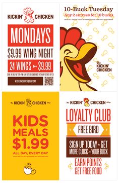 the chicken coup flyer is shown in four different colors