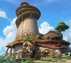 an animated image of a house with a tower on the top and lots of plants growing out of it