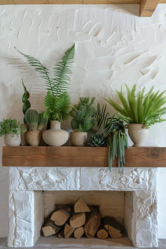 there are many plants on the mantle in this living room with white walls and wood logs