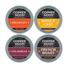 four different types of coffees on a white background with the words copper moon, donut cafe, and french roast