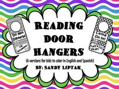 reading door hangers with colorful stripes and rainbows in the background, text reads reading door hangers 6 versions for kids to color in english and spanish by sandy lippak