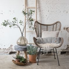 two chairs and a table with plants in them